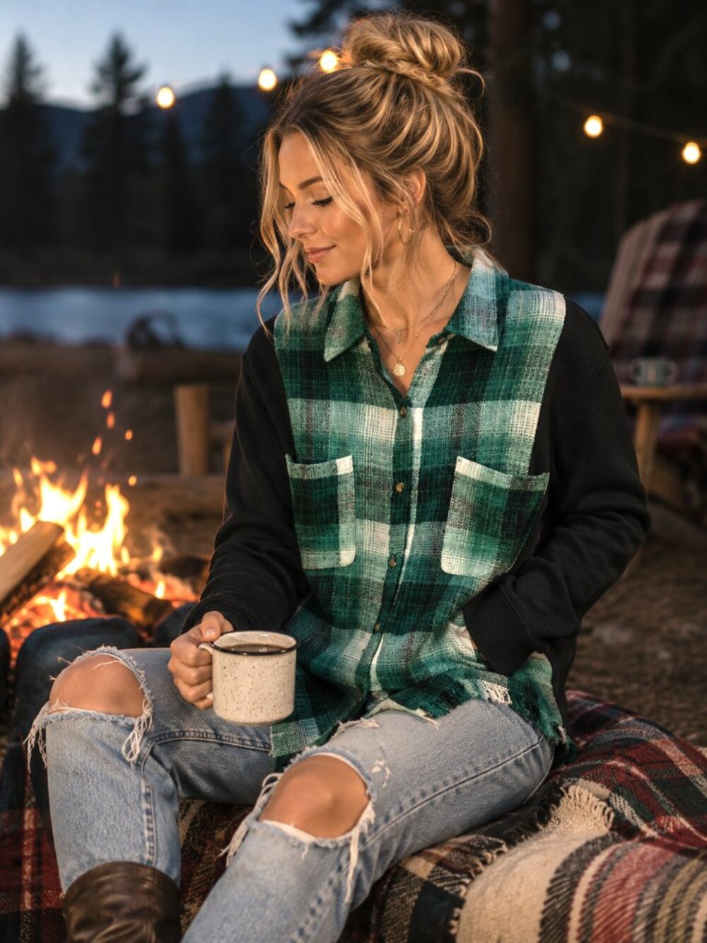 Upcycled Flannel Shirt Green Plaid Spliced Sweatshirt Button-Down Sweater Size M